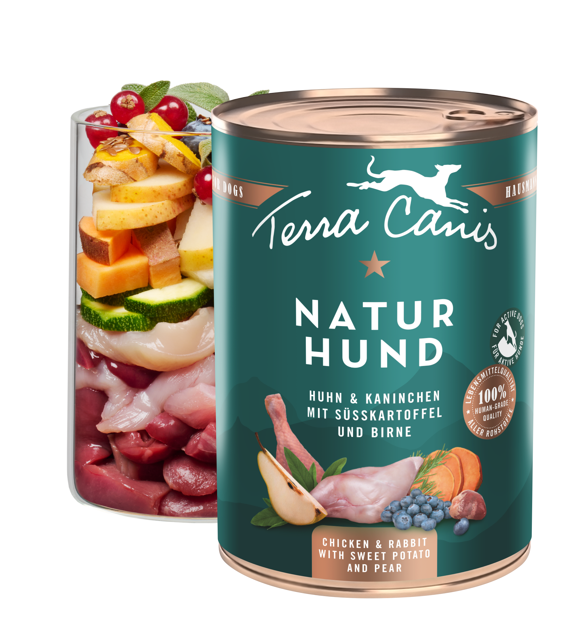 Huhn-Kaninchen mit Süßkartoffel und Birne