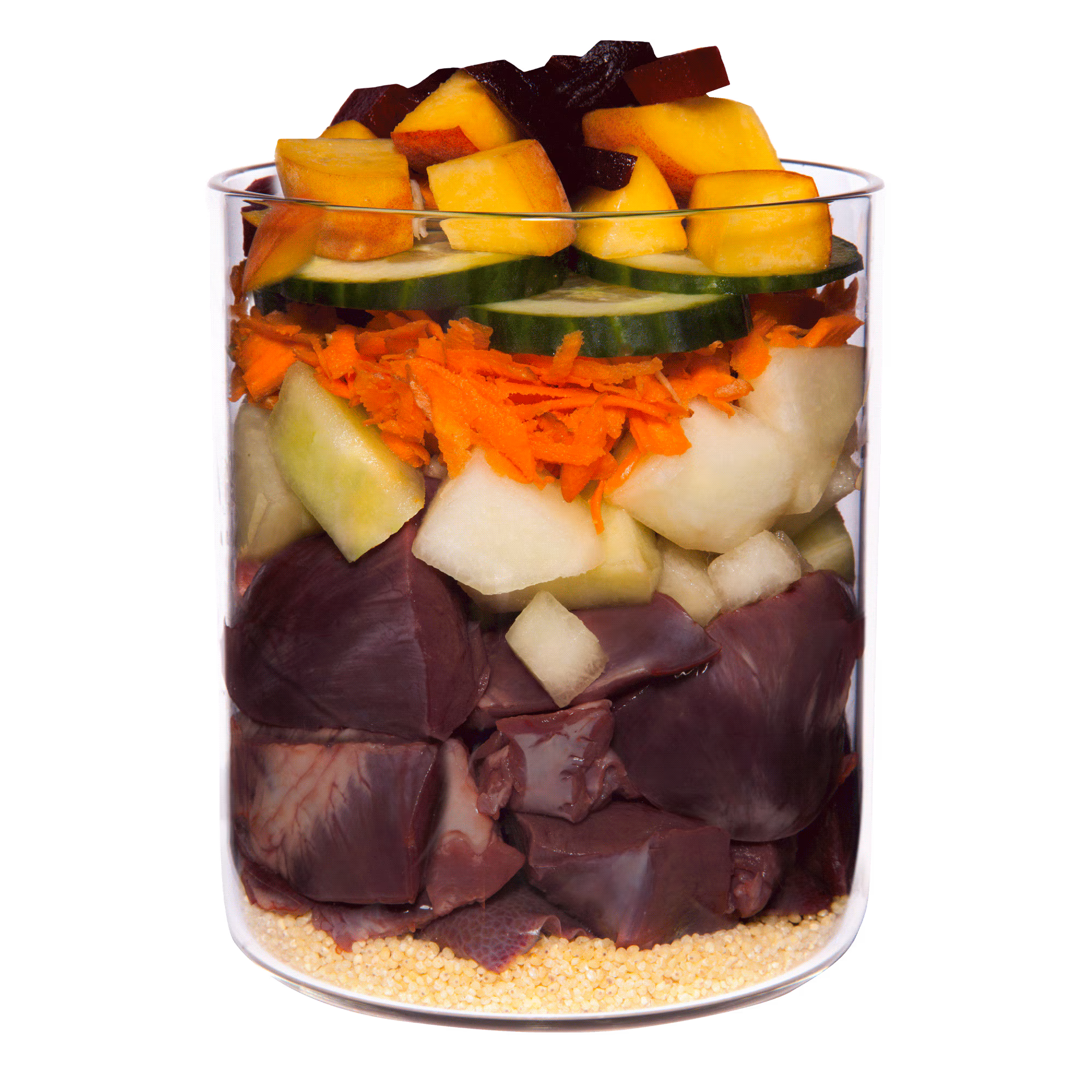 Kalb mit Hirse, Gurke, gelber Melone und Basilikum Kalb mit Hirse, Gurke, gelber Melone und Basilikum