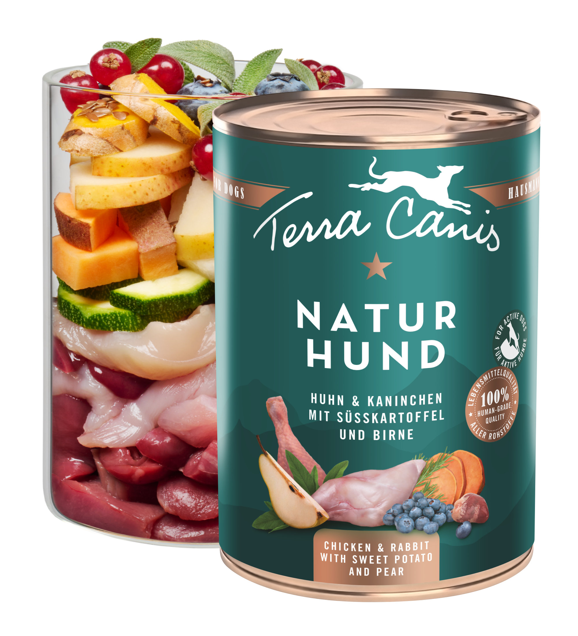 Huhn-Kaninchen mit Süßkartoffel und Birne