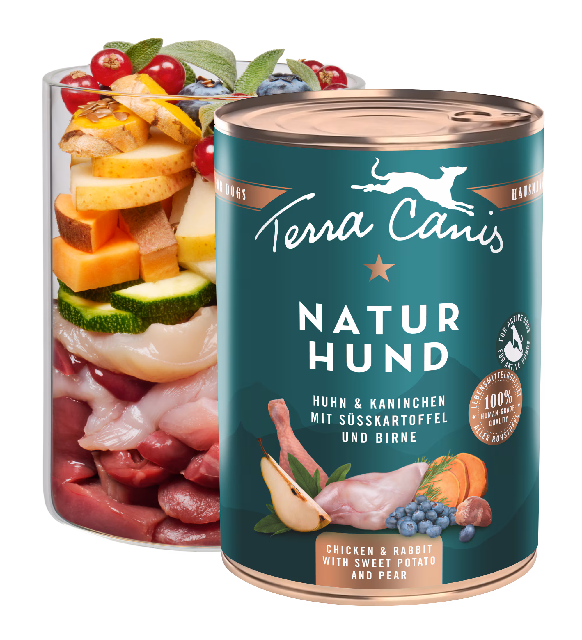 Chicken and rabbit with sweet potato, pear and blueberry